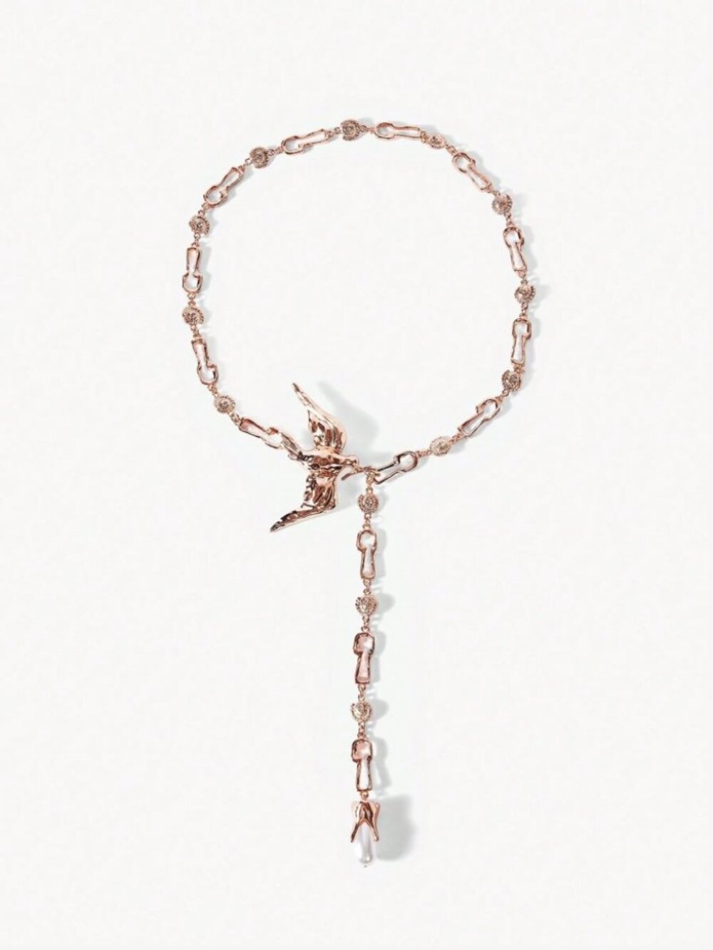 Rose Gold Bird Charm Lariat Necklace with Pearl Drop